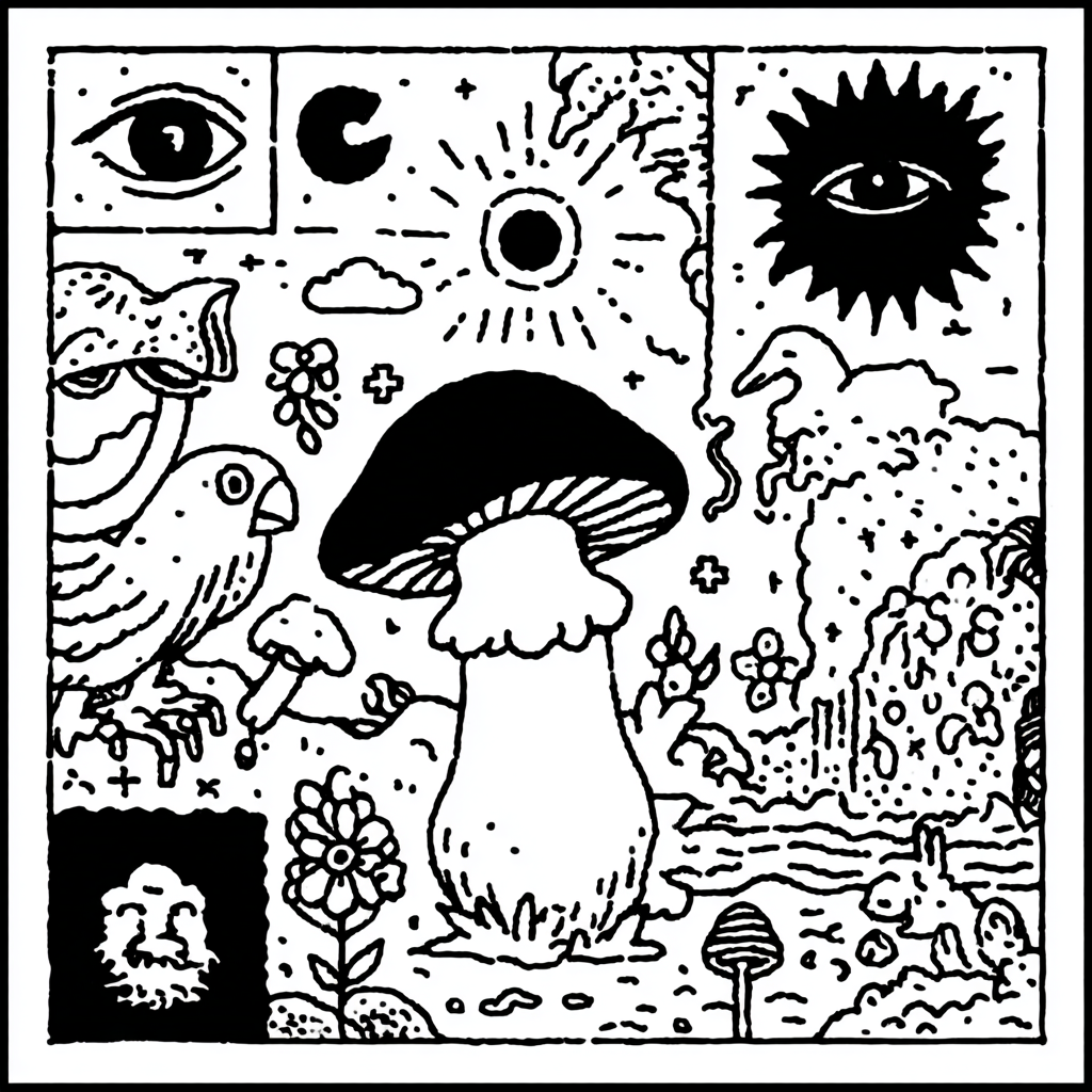 a psychedelic mushroom surrounded by mystical elements
