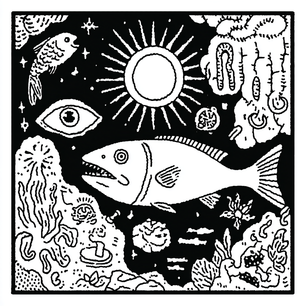 a psychedelic sardine in an underwater cosmic scene