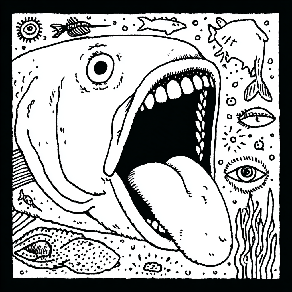large fish with open mouth and tongue in surreal scene