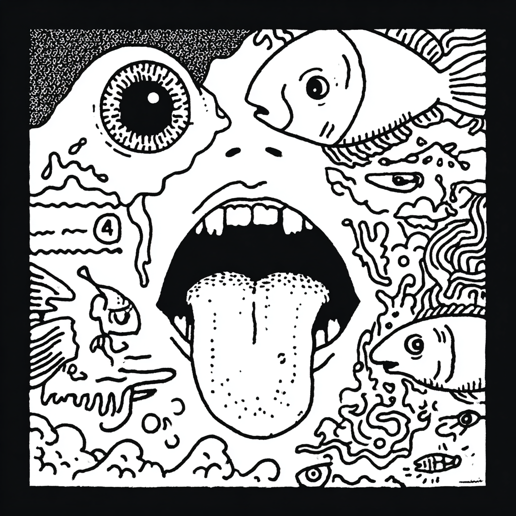 A psychedelic open mouth with tongue, surrounded by fish and eyes