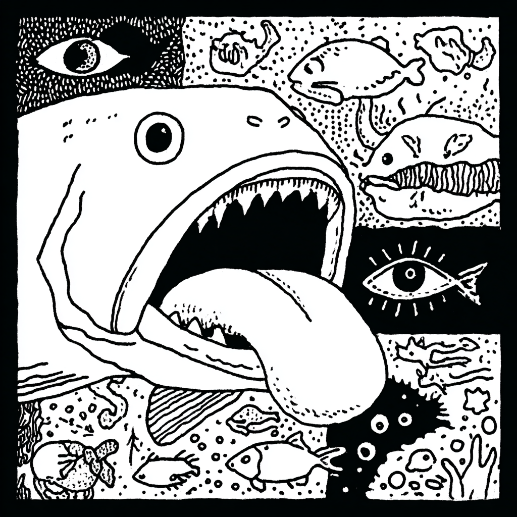 A large fish with a gaping mouth and tongue, surrounded by smaller fish and disembodied eyes