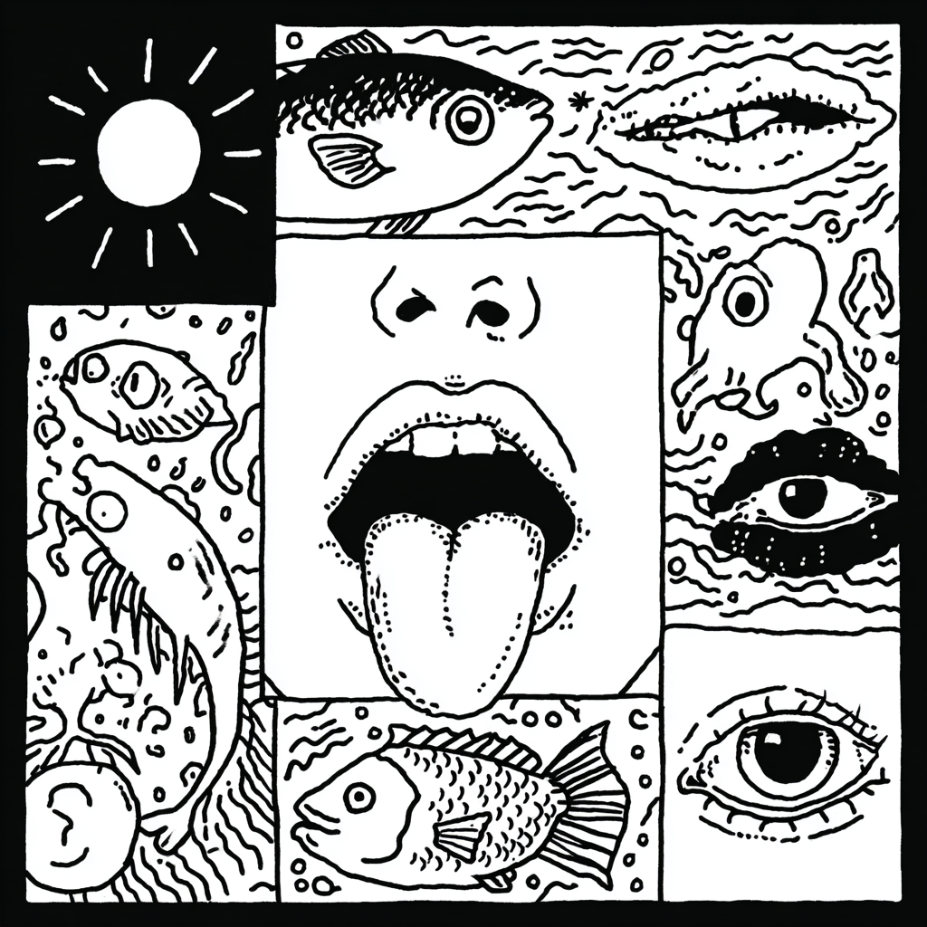 psychedelic mouth with tongue surrounded by surreal elements