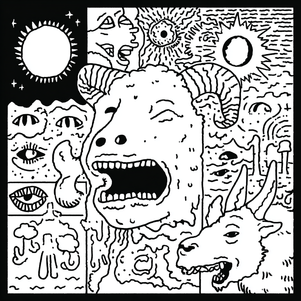 psychedelic horned beast with screaming mouth surrounded by creatures