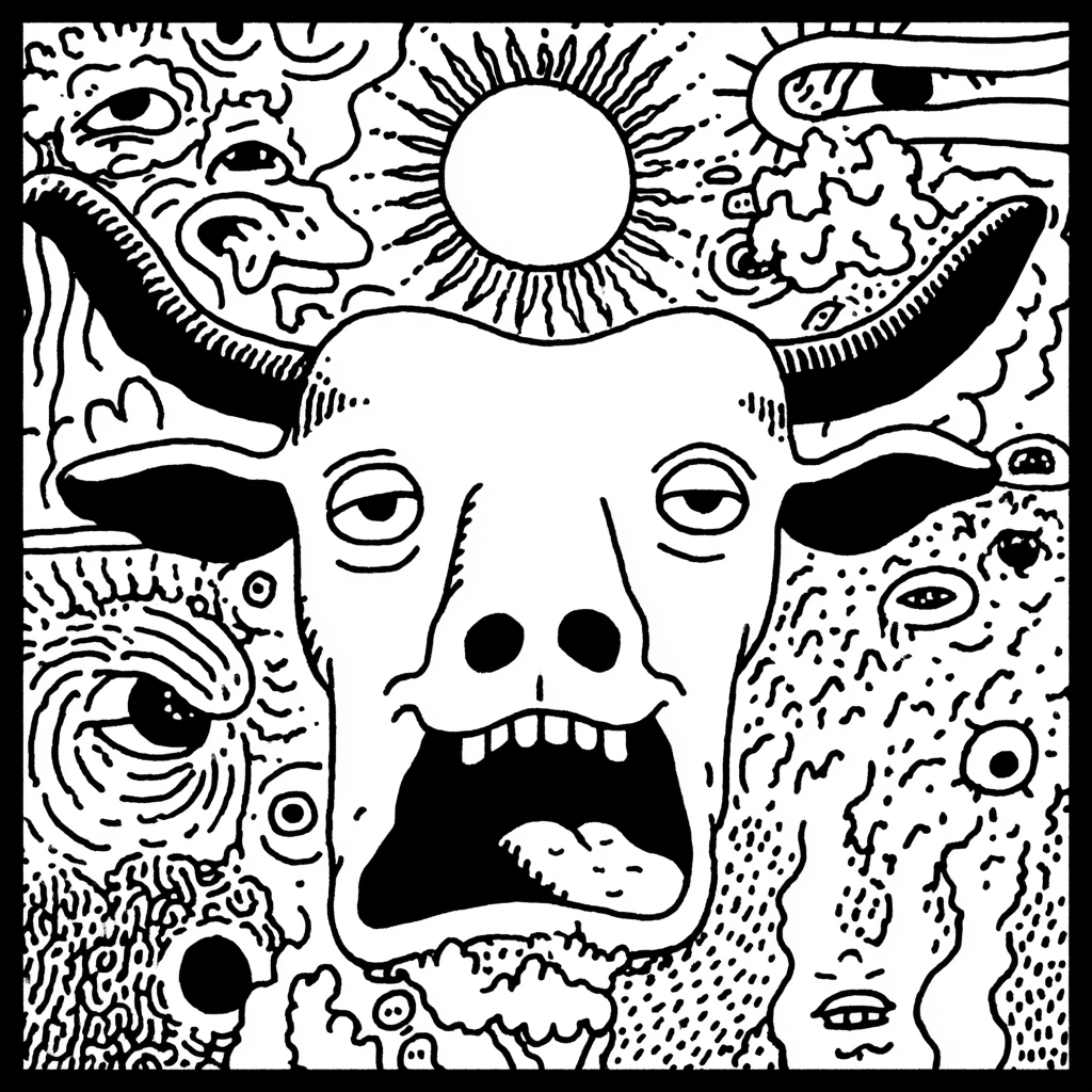 A psychedelic horned beast with an open mouth surrounded by eyes