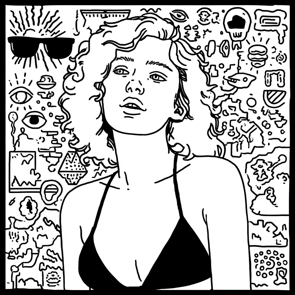 Psychedelic illustration of a woman in a bikini with doodles