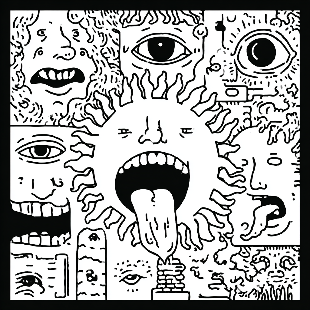A psychedelic collage of faces and a sun-like entity