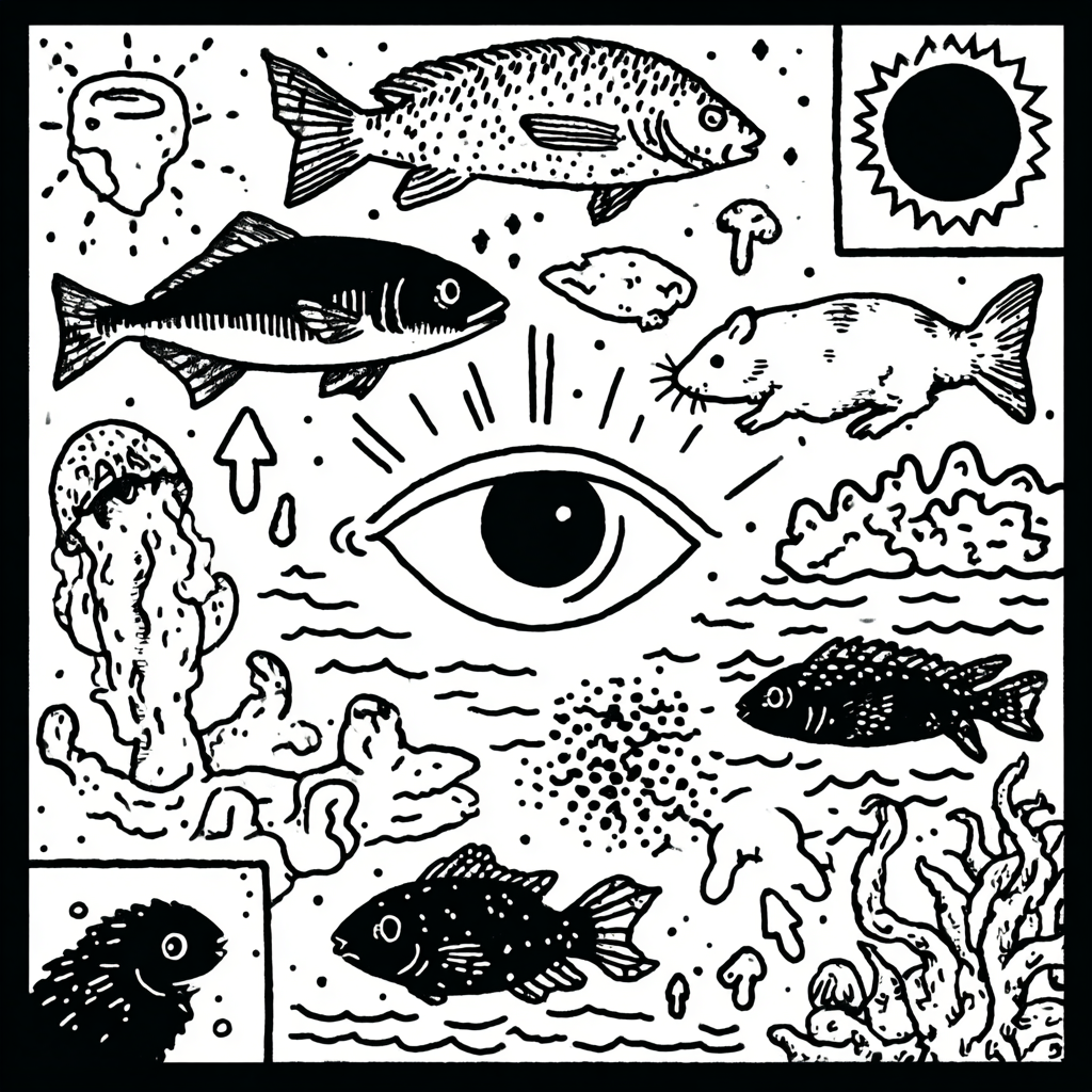 diverse marine and terrestrial life with a central eye