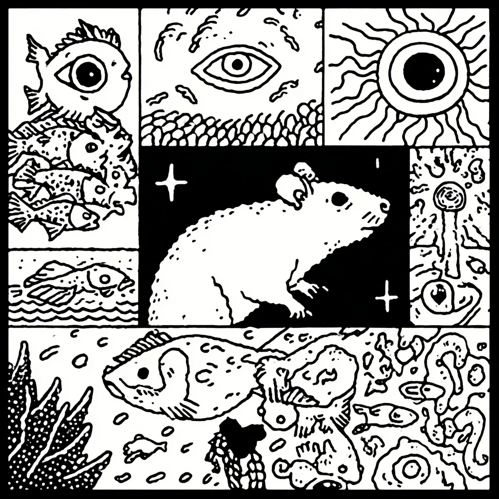 A collage of stylized eyes, fish, and a white rat
