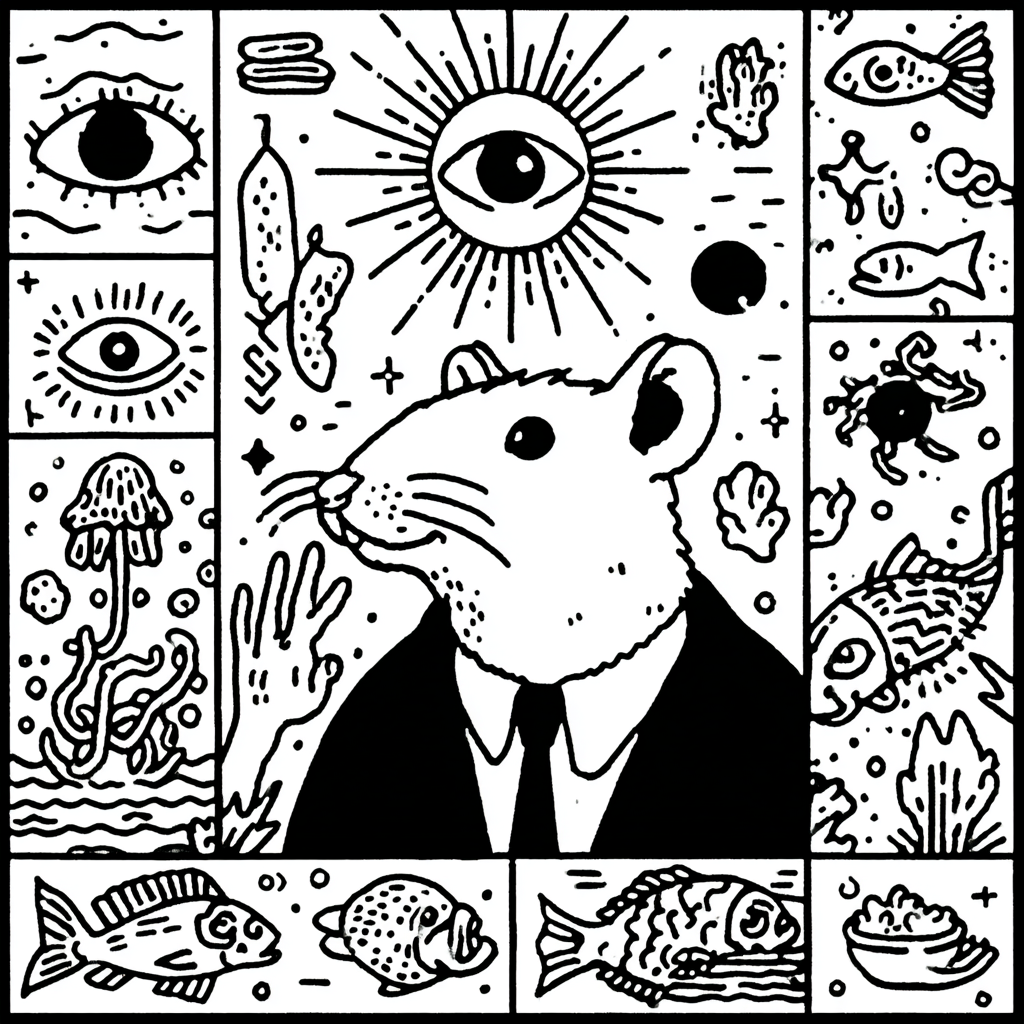 rat in a suit surrounded by occult and natural elements
