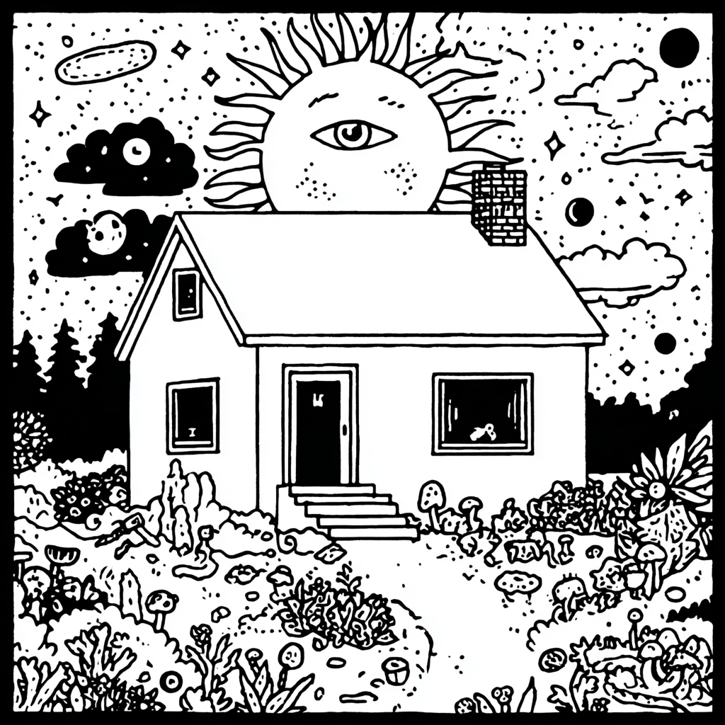 Psychedelic house with mystical sun and cosmic garden
