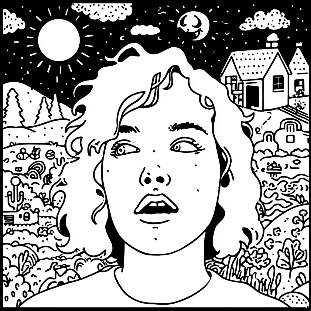 person's head in a surreal day-night landscape