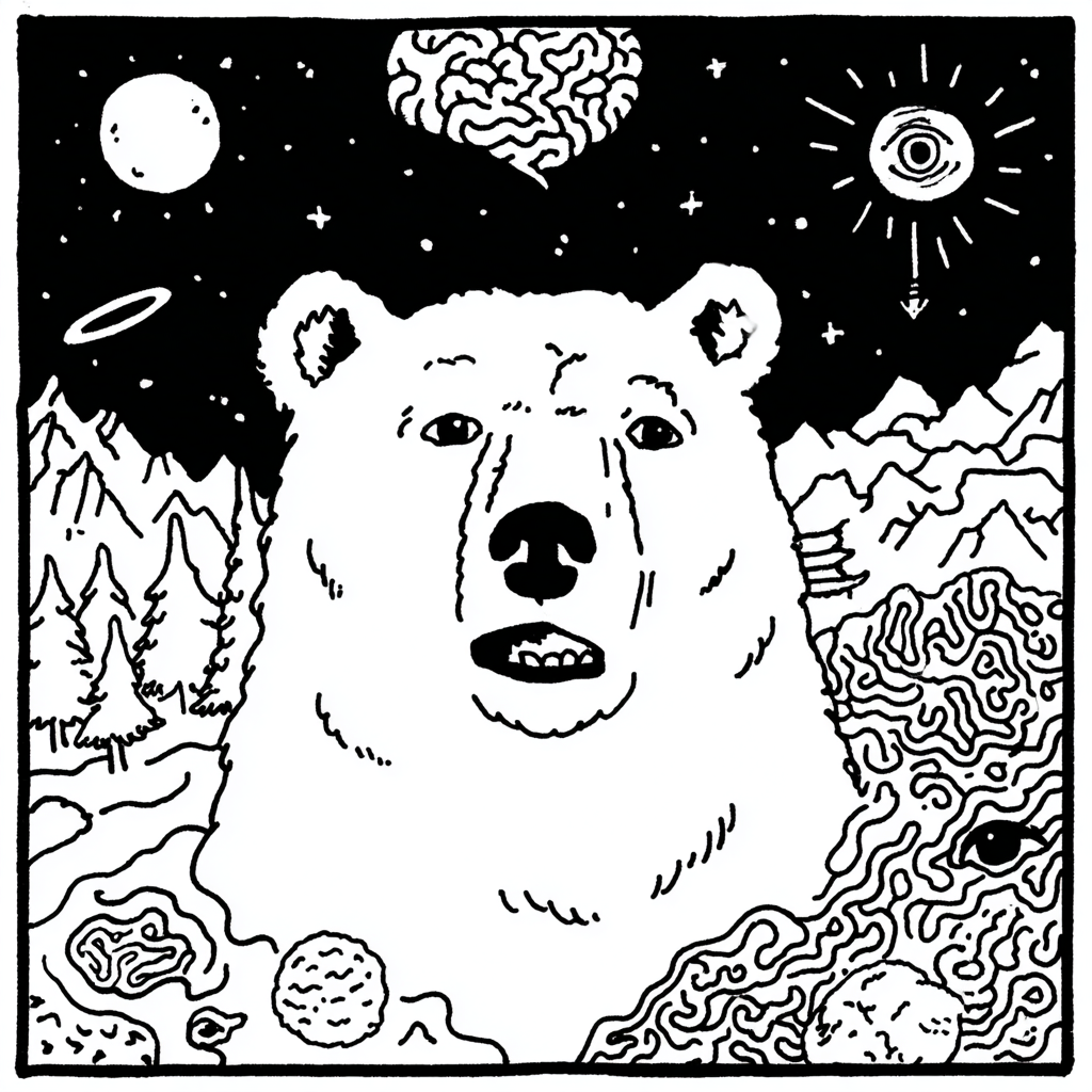 psychedelic polar bear in a surreal night landscape