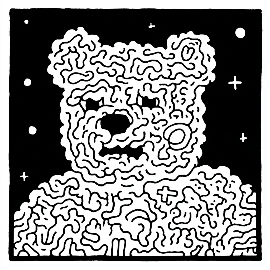 a psychedelic teddy bear made of squiggly lines
