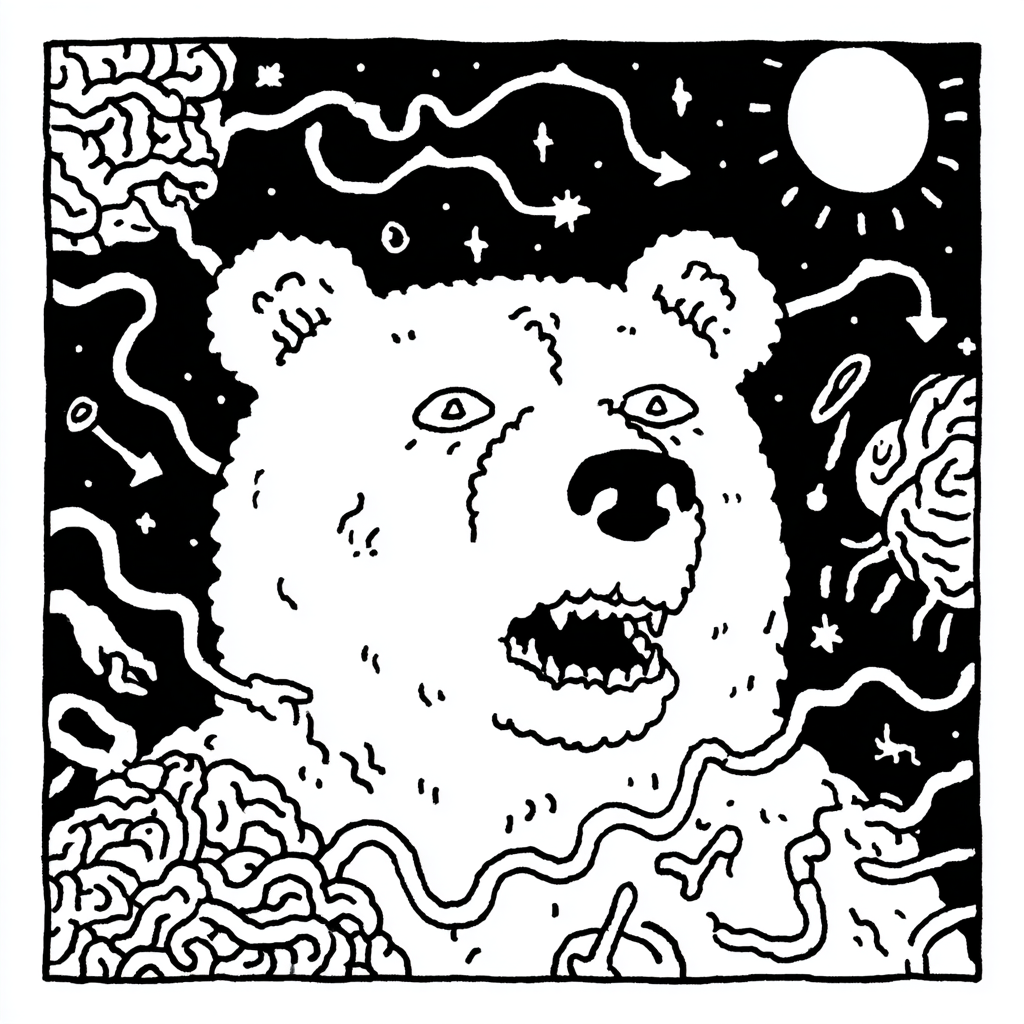 A psychedelic bear's head surrounded by brains and celestial elements