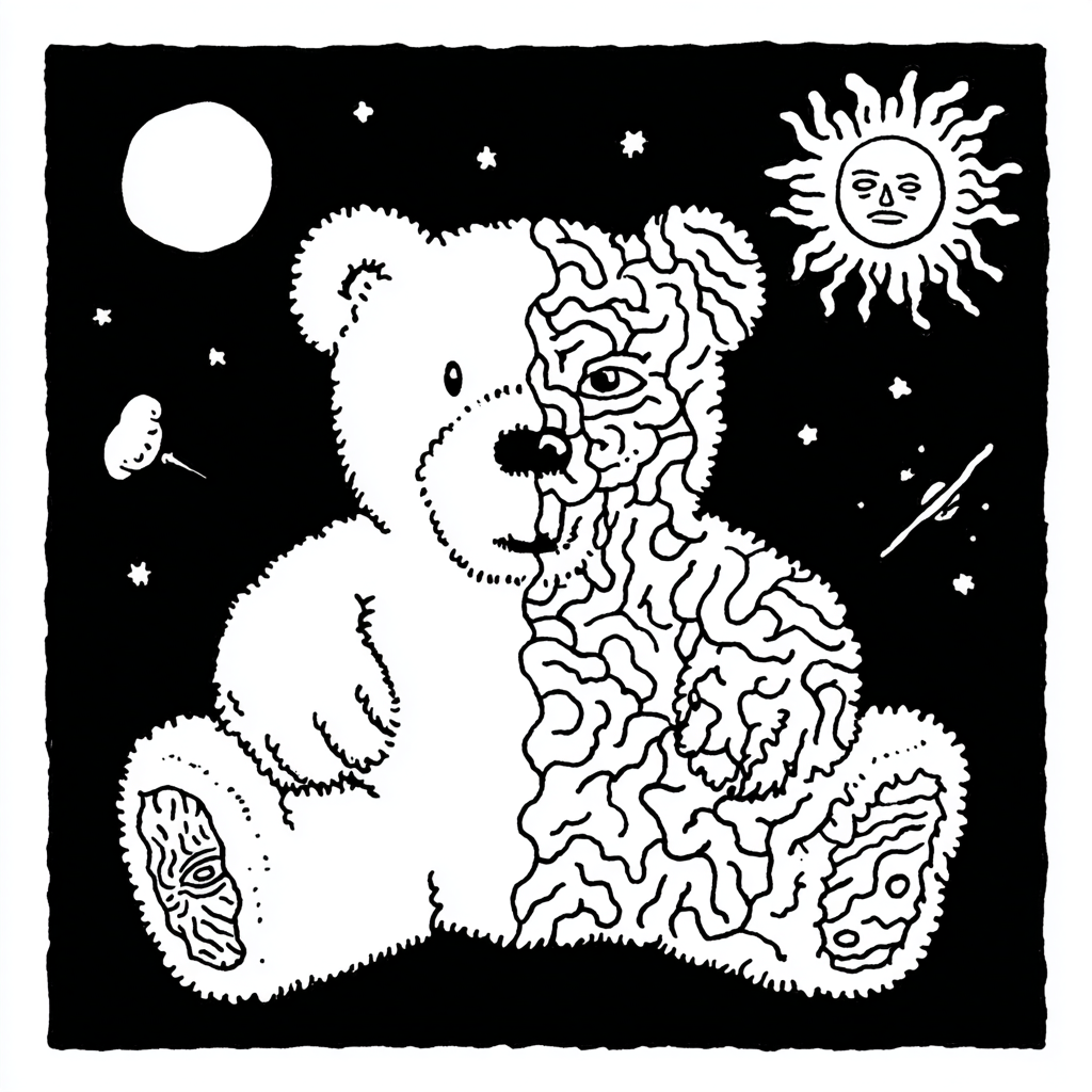 psychedelic teddy bear with brain patterns and celestial bodies