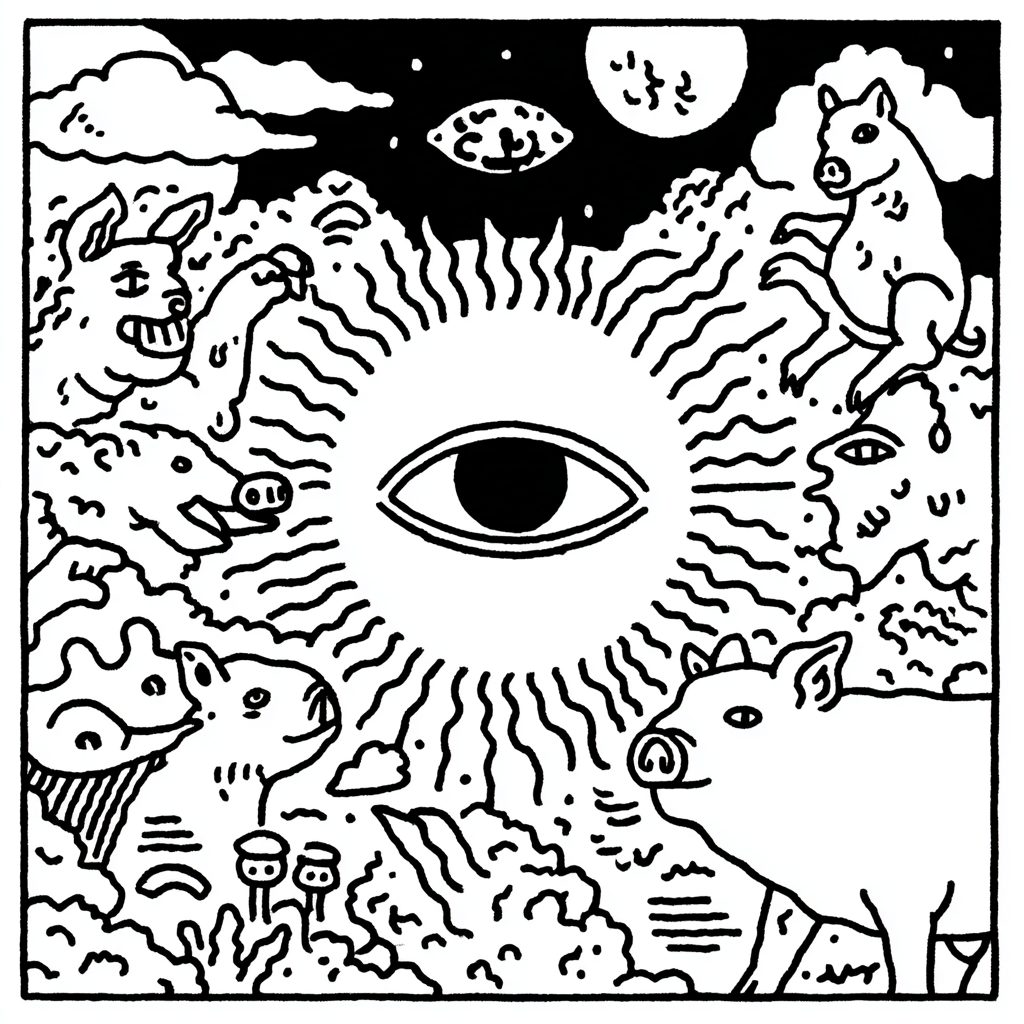 all-seeing eye surrounded by animals in psychedelic landscape