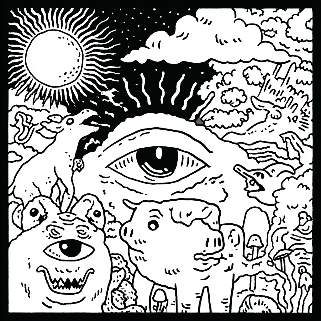 surreal creatures with a central eye and sun
