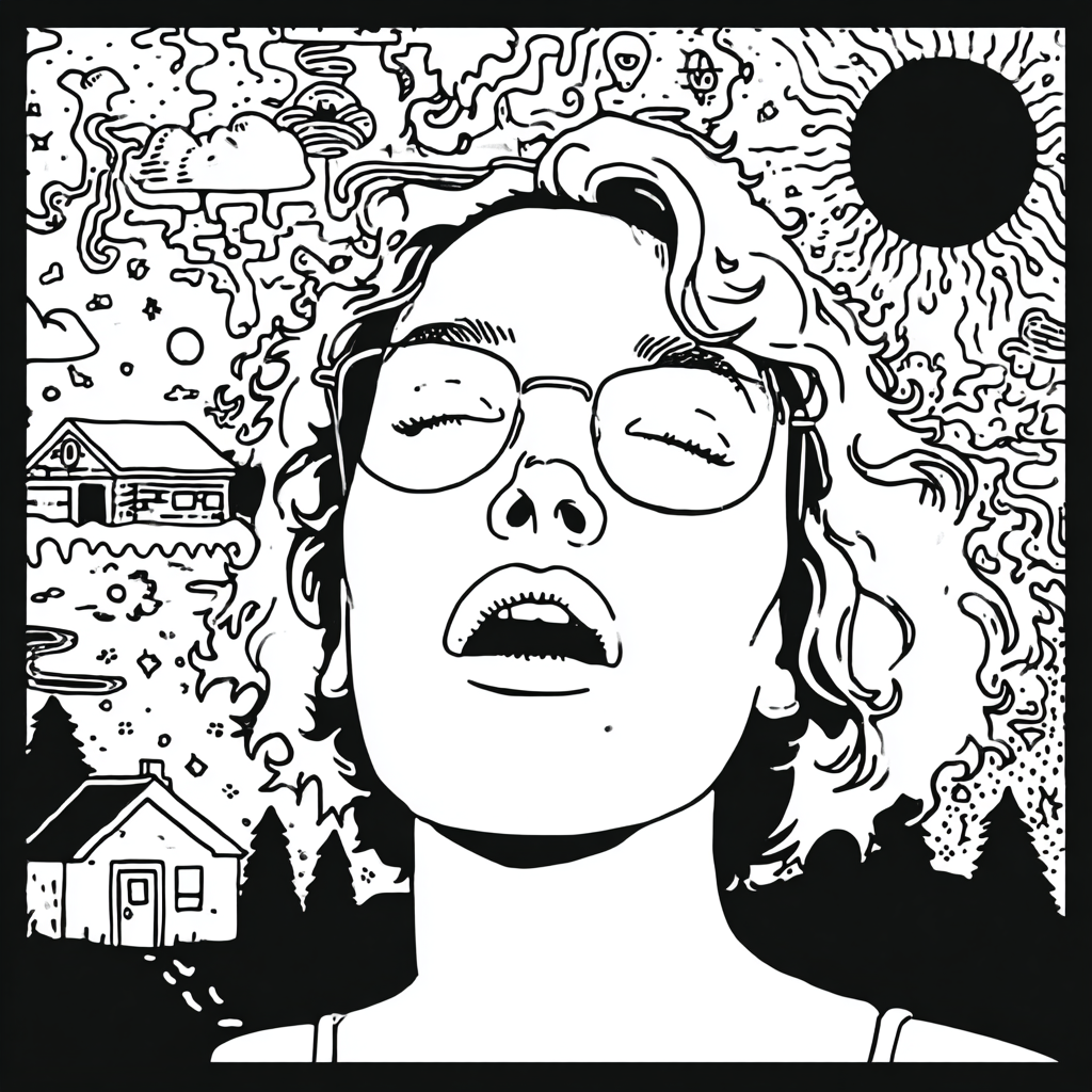 woman in glasses surrounded by psychedelic dreamscape