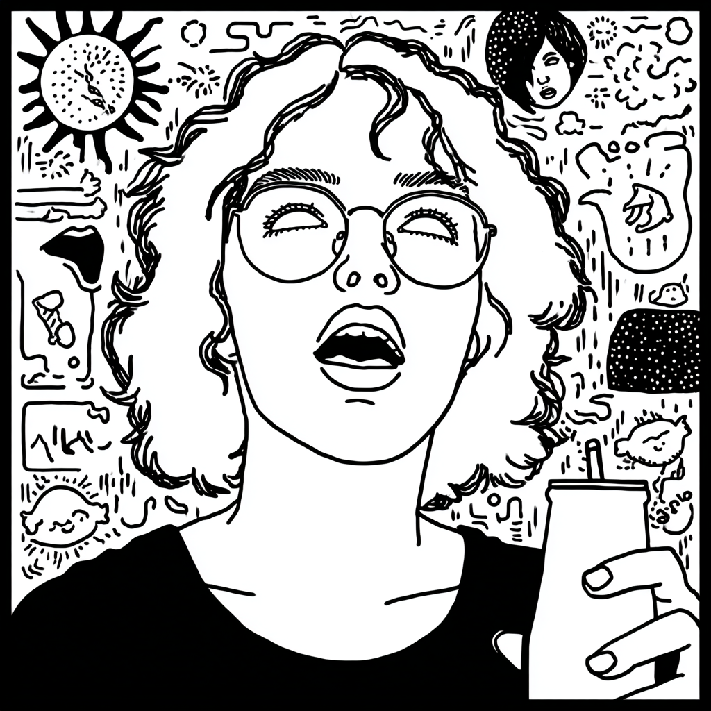 curly-haired person in glasses with open mouth, surrounded by doodles