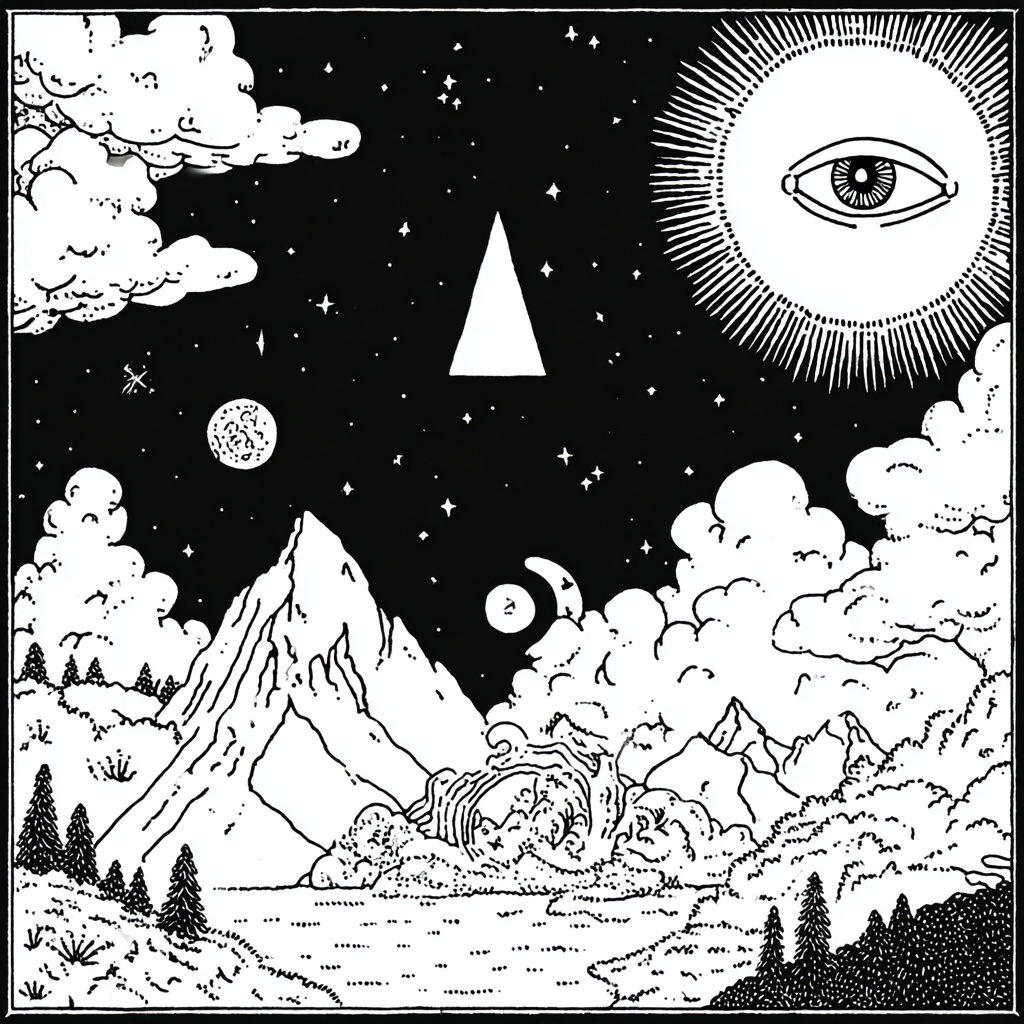 Mystical night mountain landscape with celestial symbols