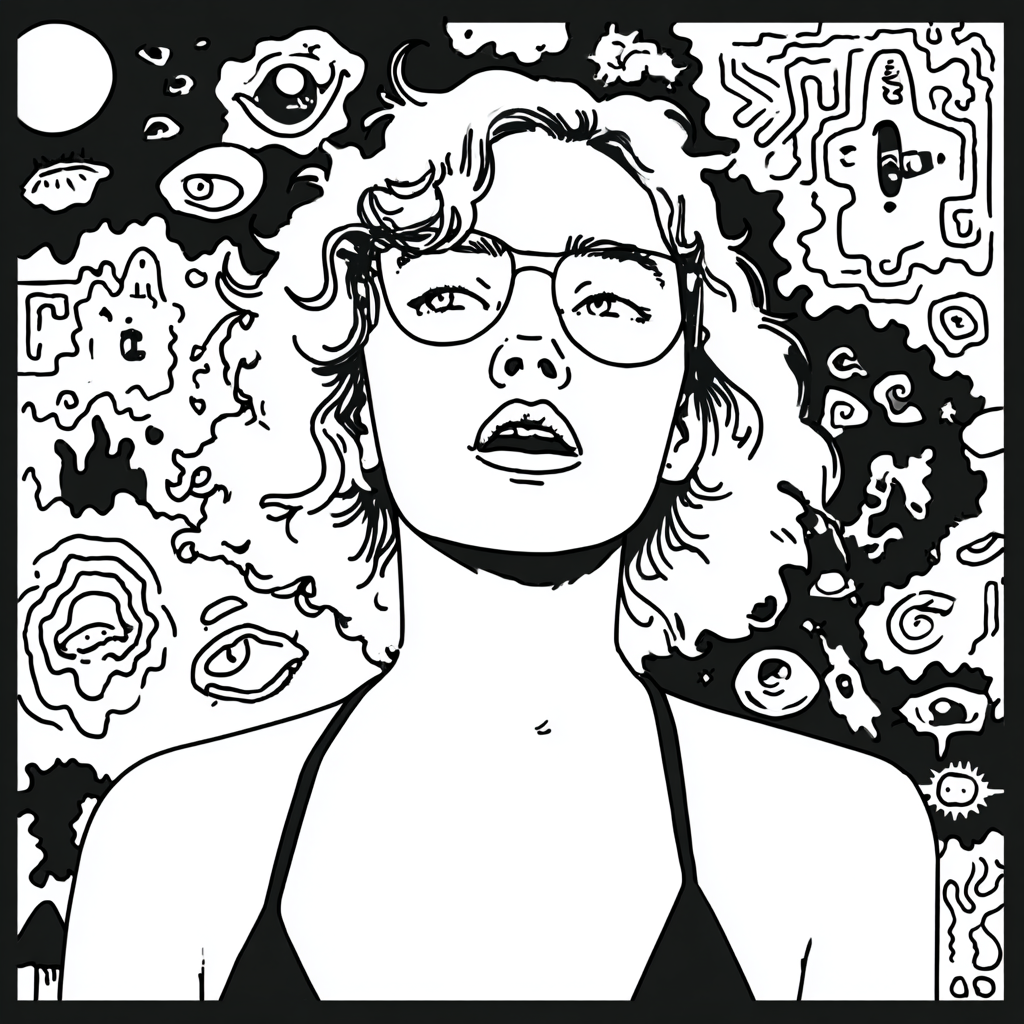 Woman with curly hair and glasses, surrounded by psychedelic doodles