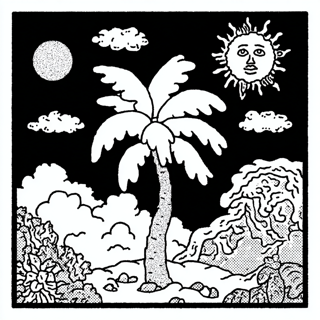 Psychedelic palm tree on an island with sun and moon