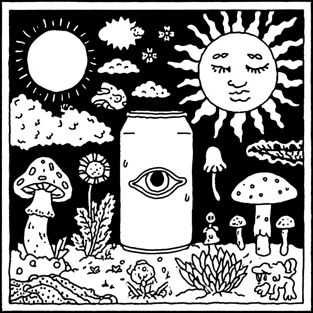 Psychedelic landscape with mystical can, mushrooms, and suns