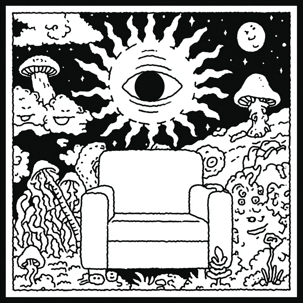 A psychedelic chair in a surreal landscape with an eyed sun