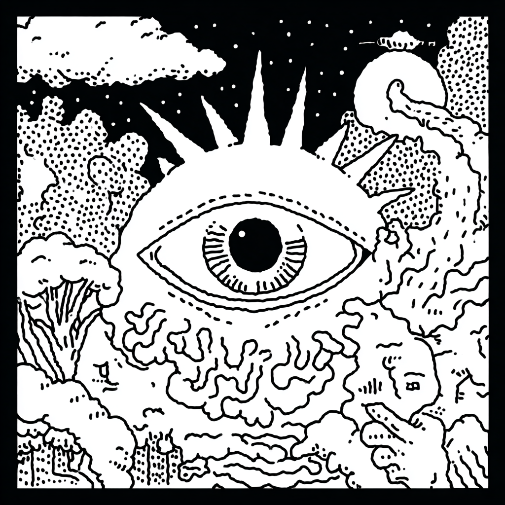 psychedelic all-seeing eye with sun-like rays over surreal landscape
