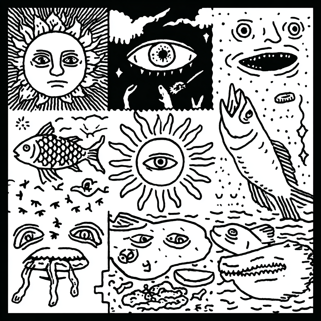 A busy indie-zine collage of suns, eyes, and sea life