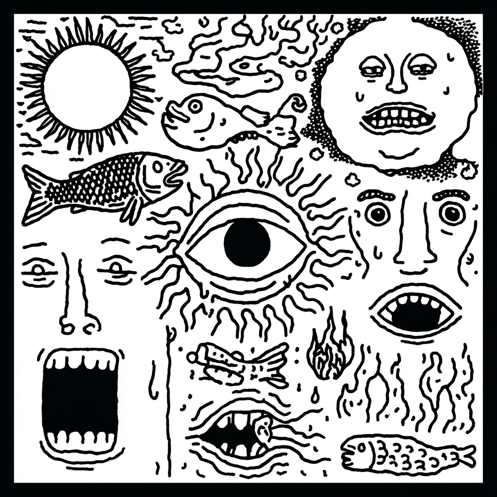 Psychedelic doodle of sun, moon, faces, eyes, and fish