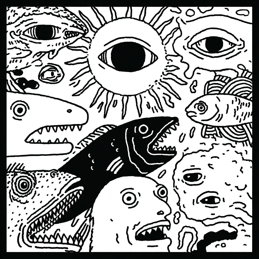 abstract black and white psychedelic marine and eye creatures