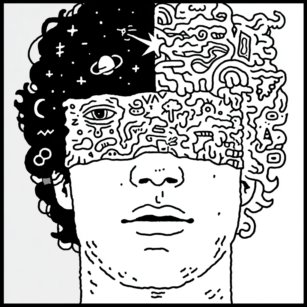 Stylized human head with cosmic and abstract brain