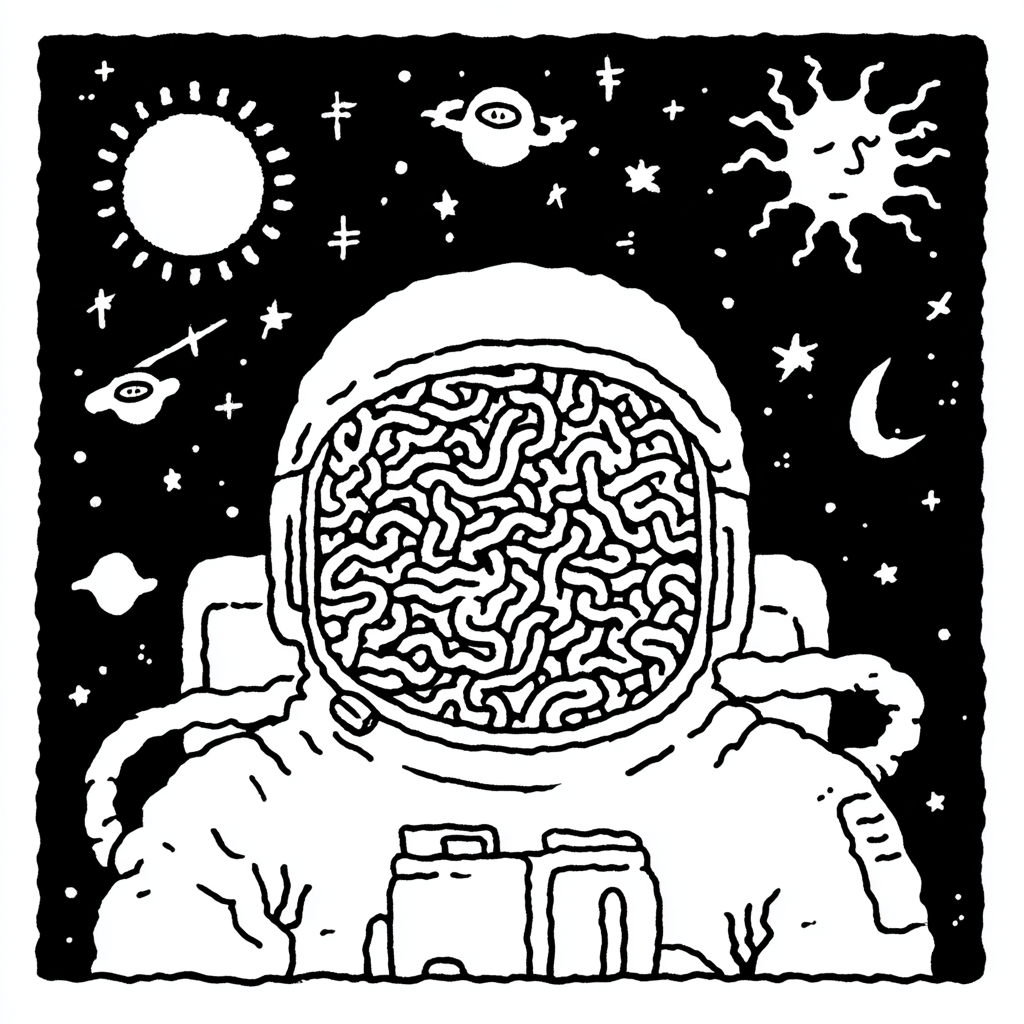 Astronaut helmet with swirling brain in cosmic space