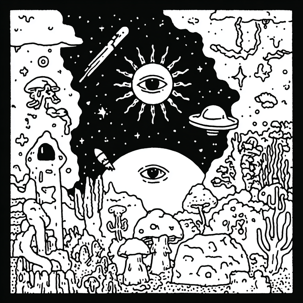Psychedelic space landscape with mystic sun, moon, and alien elements