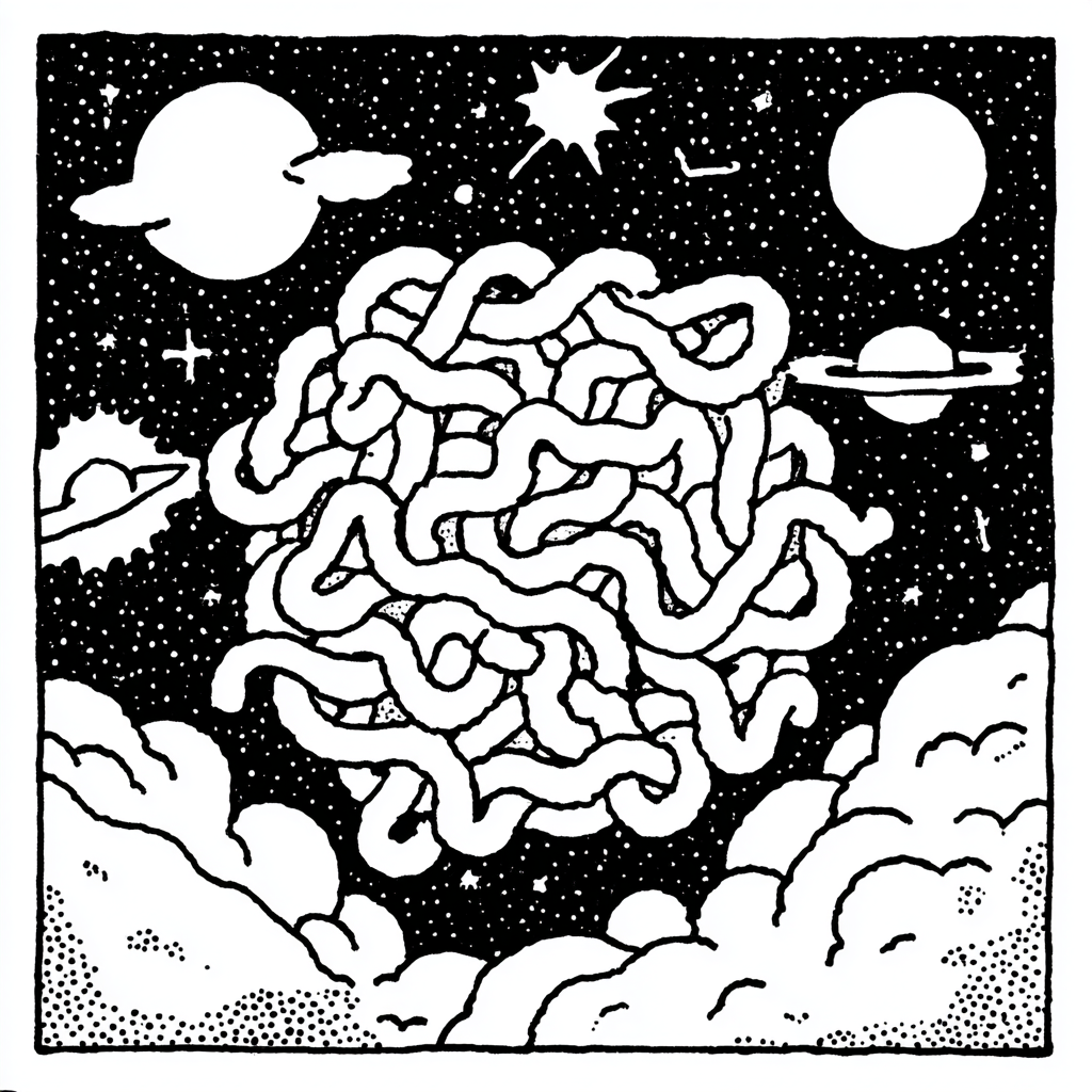 psychedelic brain in space with planets and stars