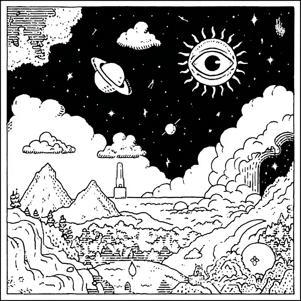 Psychedelic black and white landscape with cosmic and earthly elements