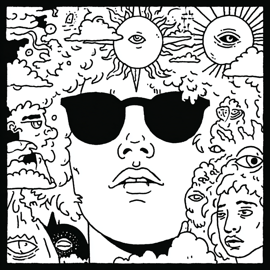 psychedelic illustration of a face with sunglasses and surreal elements