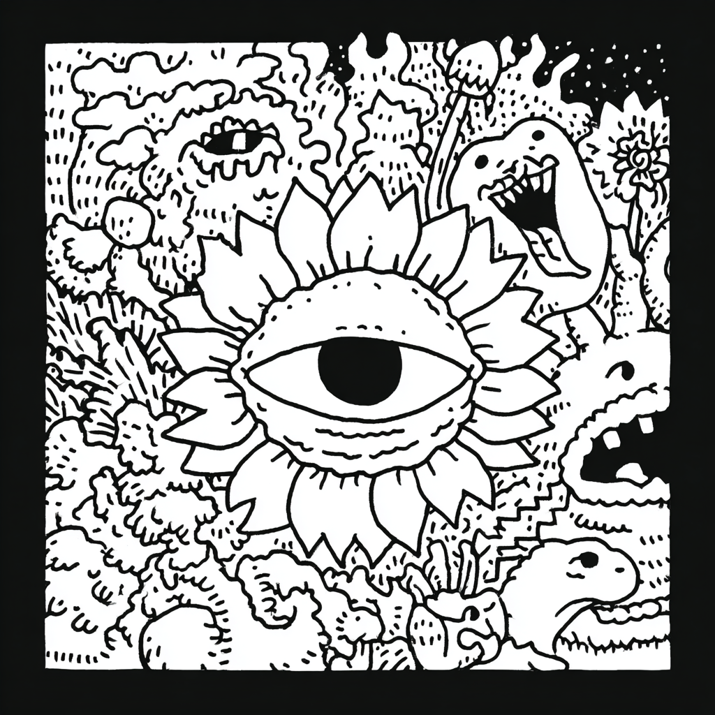 a psychedelic flower with an eye surrounded by bizarre creatures