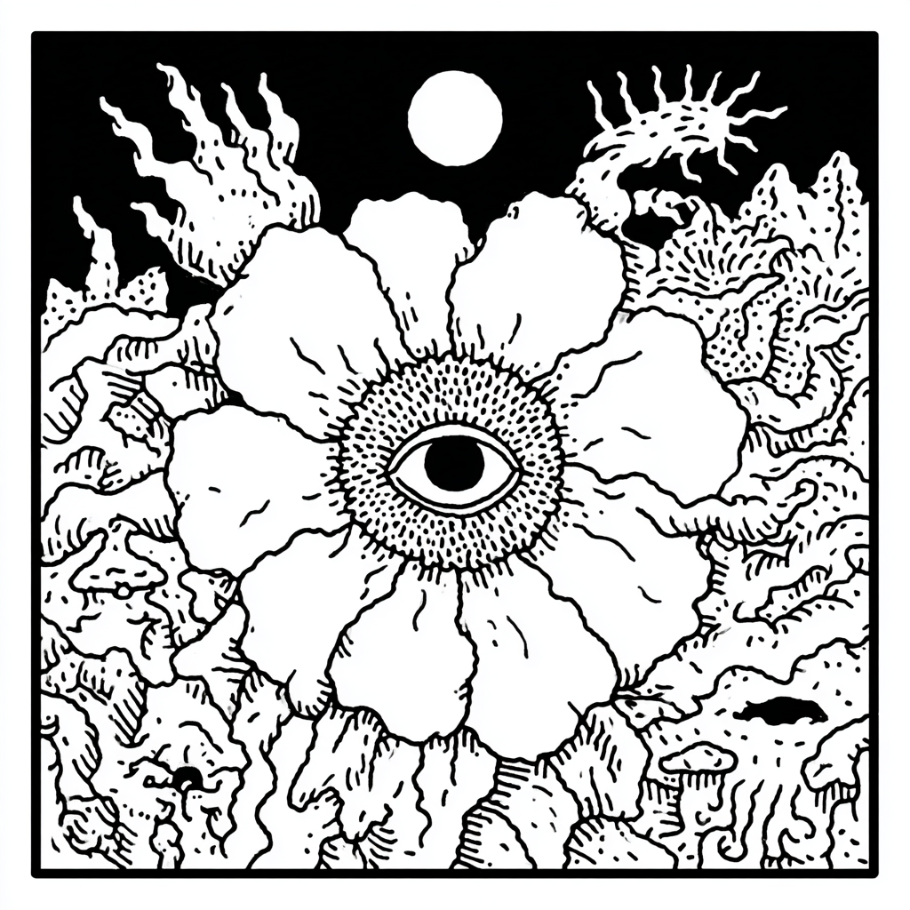 A psychedelic flower with an eye, surrounded by mystical nature
