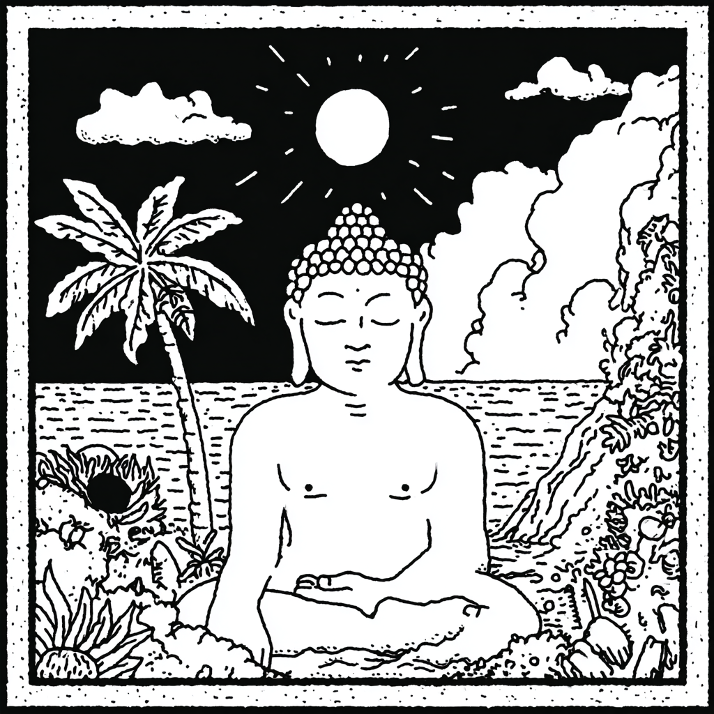 Buddha meditating by the ocean under the sun