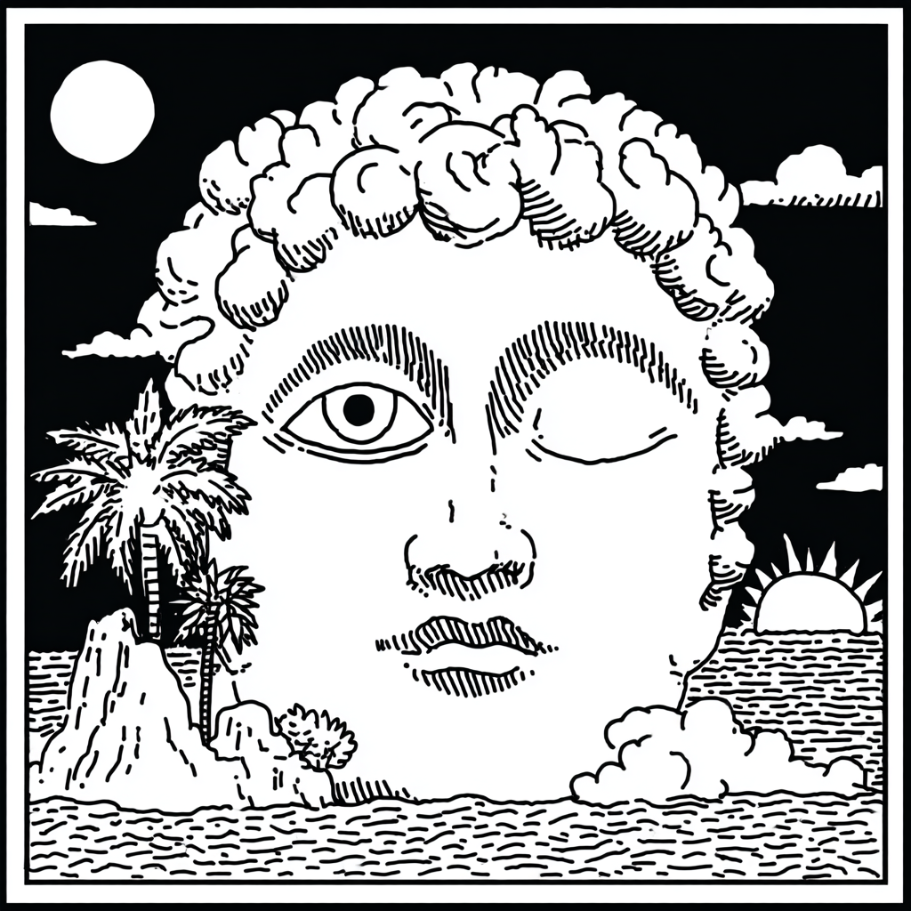 psychedelic winking bust-like head in surreal landscape