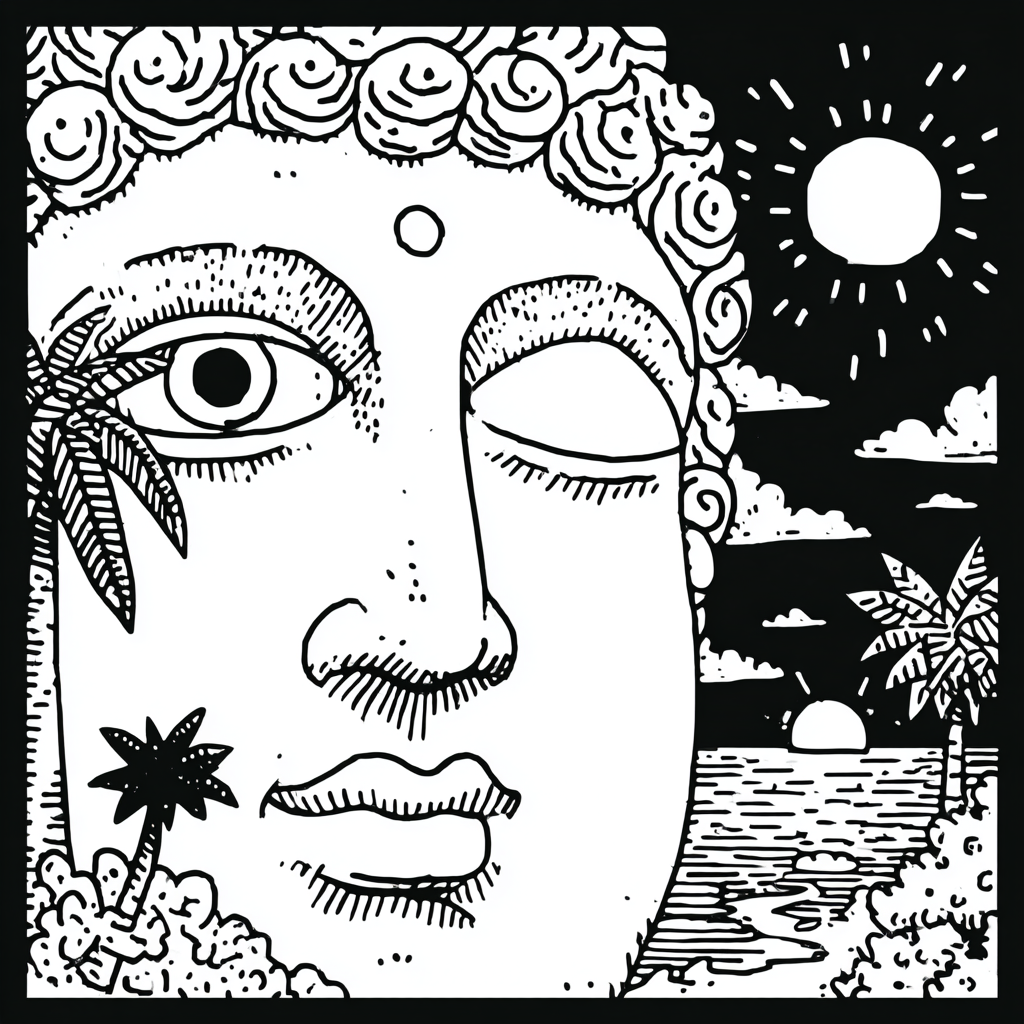 Psychedelic Buddha head and tropical beach landscape
