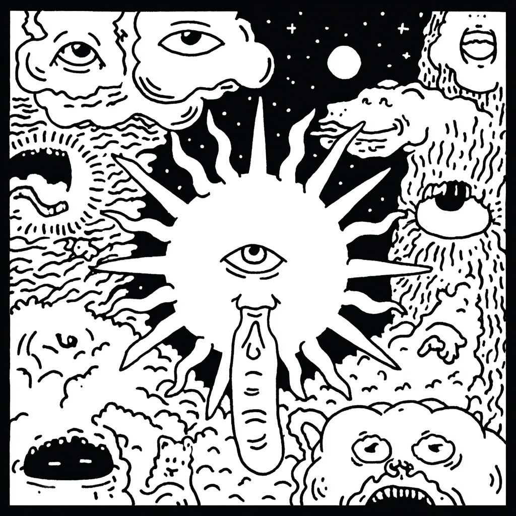 a psychedelic sun with porron spout and many eyes