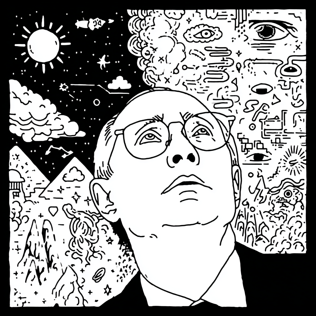 psychedelic portrait of a man looking up surrounded by abstract and natural elements