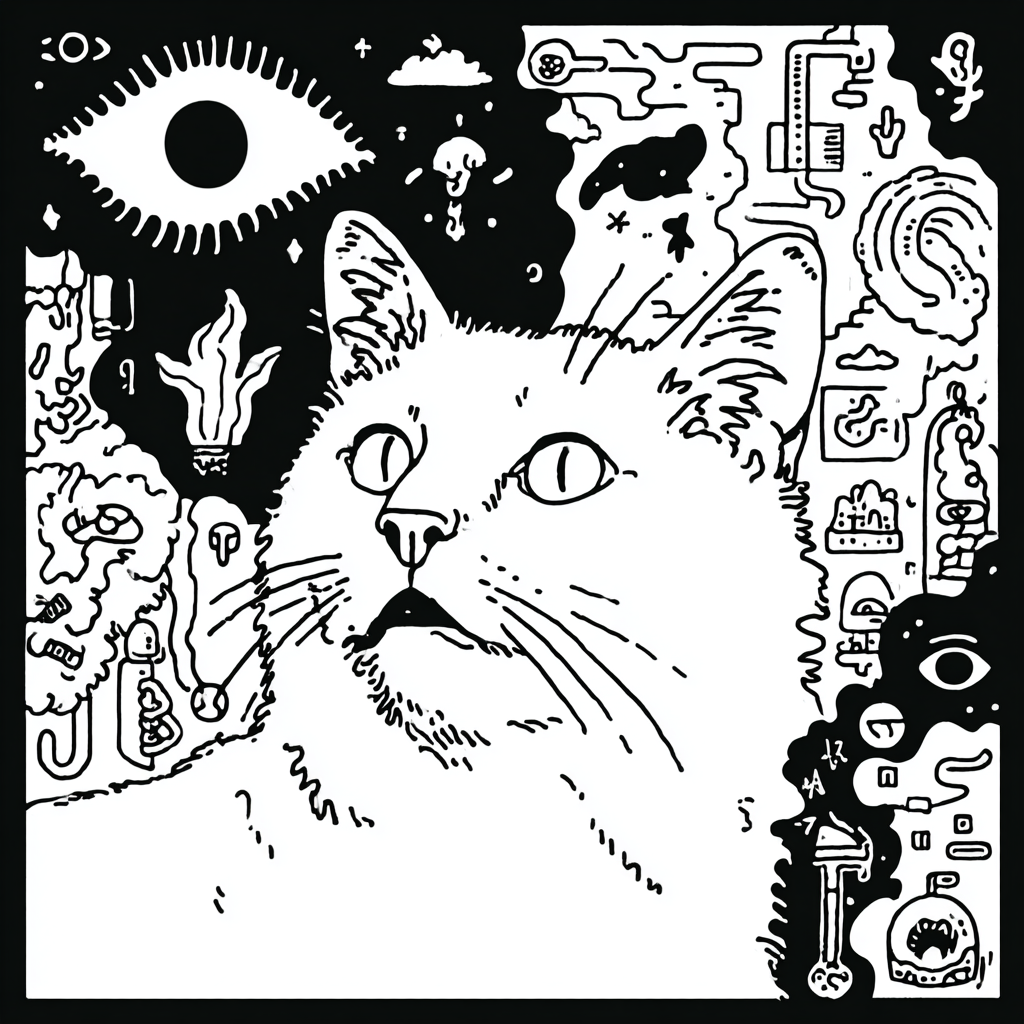 a psychedelic cat head surrounded by surreal elements