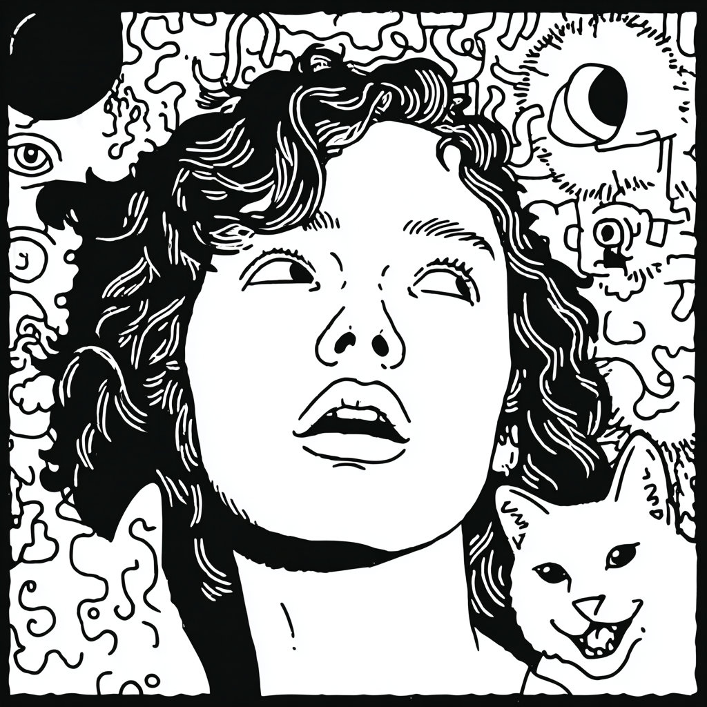 Psychedelic illustration of a woman's face looking up with a cat