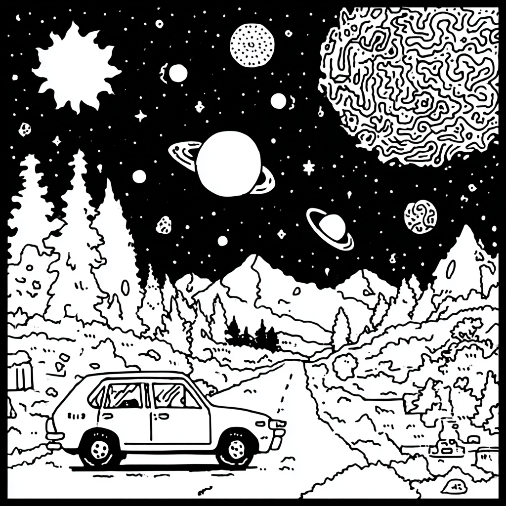 psychedelic car driving through mountain forest under starry sky