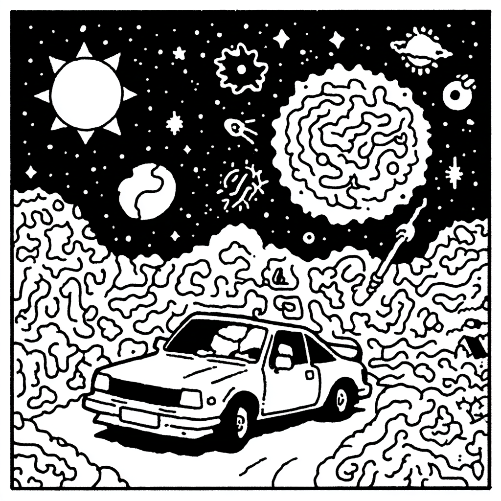 toy car driving through a surreal cosmic landscape