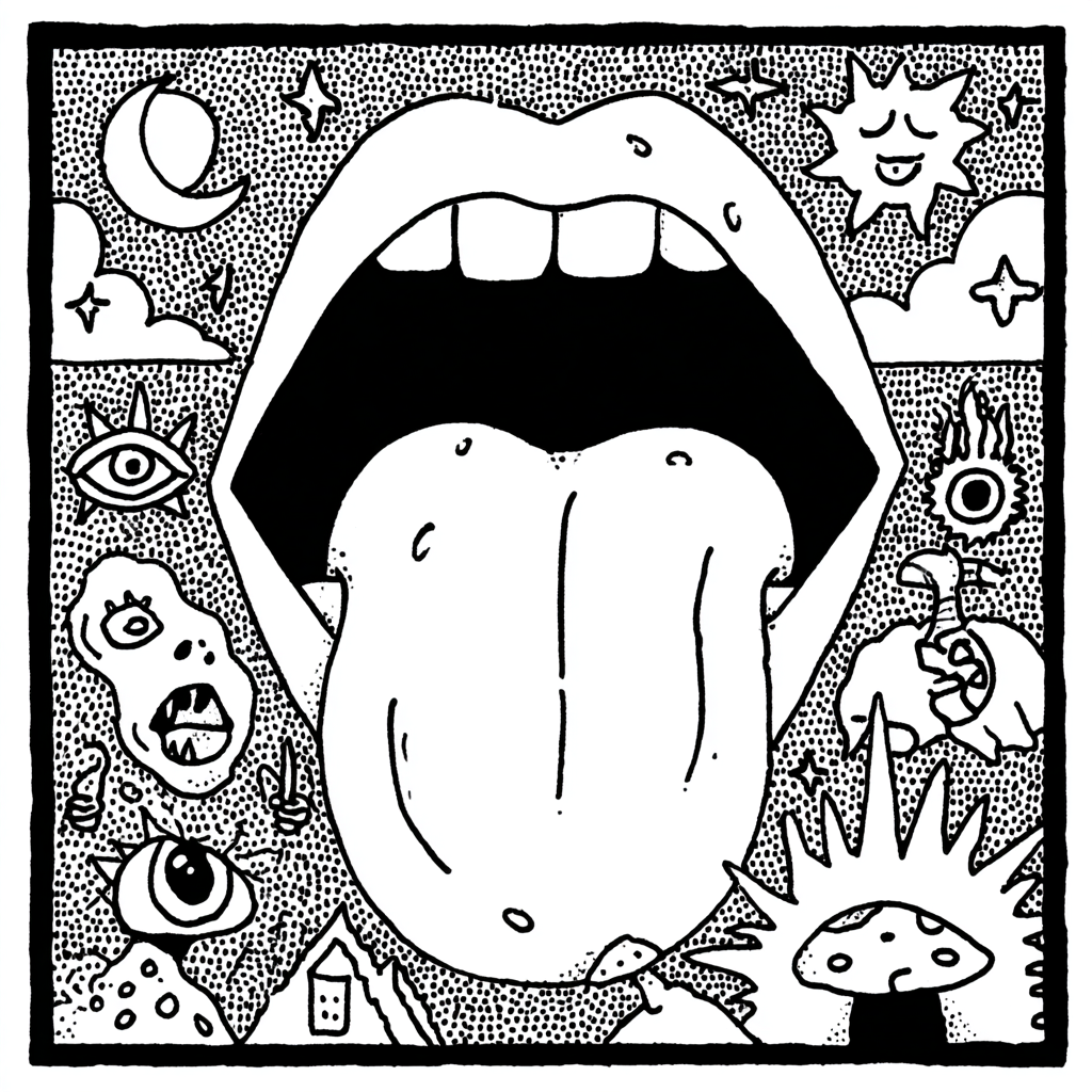 psychedelic open mouth with tongue surrounded by surreal elements